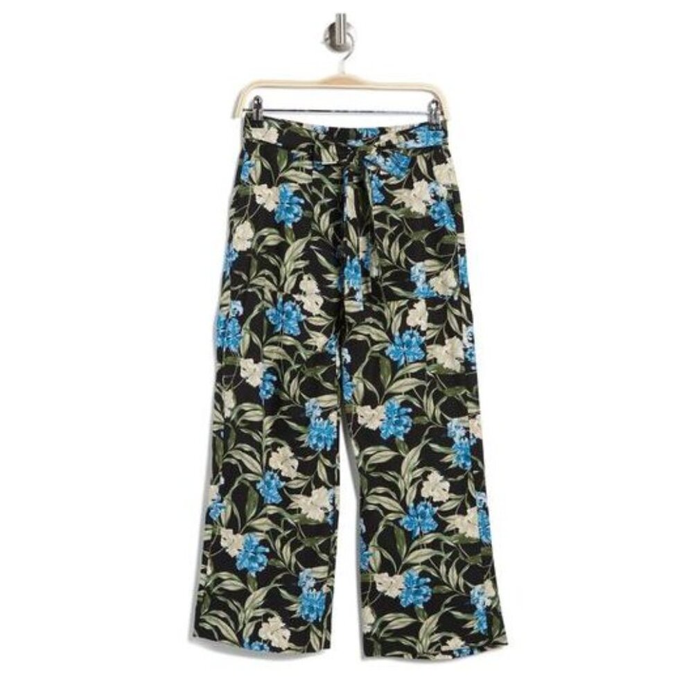 Kensie Floral Wide Leg Crop Pants Size M Linen Blend Hibiscus Blue Black NEW